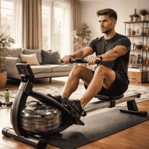 Vyras sportuoja namuose su irklavimo treniruokliu