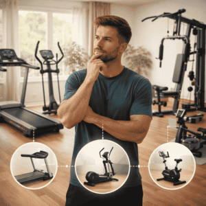 Kaip išsirinkti treniruoklį namams – vyras tarp bėgimo takelio, elipsinio, dviračio ir jėgos staklių namų sporto erdvėje.